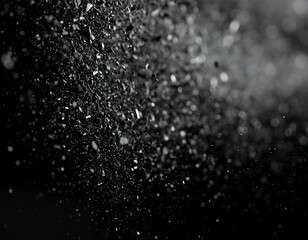 Obraz premium Abstract black and white image of water droplets or particles. A textured, flowing pattern of light gray/white specks against a dark background