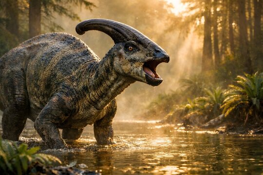 A parasaurolophus wading through a river in a prehistoric forest scene