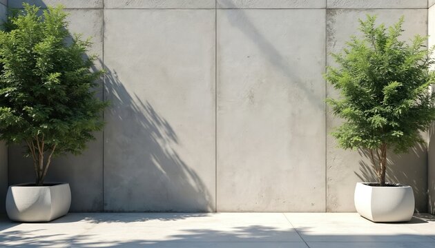 Two potted green trees flank a modern concrete wall on a bright sunny day. Shadows from leaves create patterns on the ground and wall. This minimalist outdoor space offers a clean backdrop.