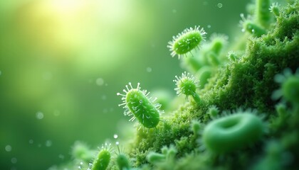 Fototapeta premium Green microorganisms under sun light grow on mossy surface. Tiny organisms with cilia reproduce in wet environment. Microscopic world shows life forms.