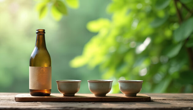 Bottle of sake and three cups sit on wooden board. Blurred green leaves form soft background. Natural light falls on Japanese drink set. Minimalist setup.