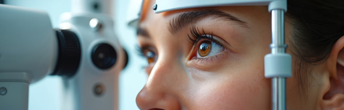 Young woman on eye exam with professional equipment. Optometrist checks vision for prescription. Focus on patient eye detail, health checkup procedure.