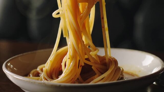 Close-up of a fork twirling spaghetti in a bowl, a classic Italian dish being enjoyed.