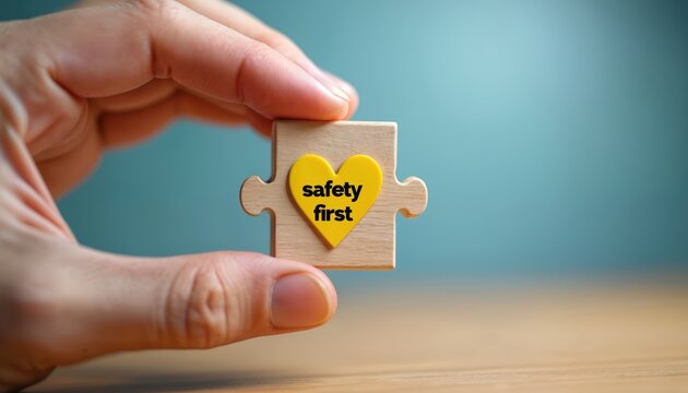 Hand holds jigsaw piece with yellow heart and safety first text. Concept for workplace safety employee protection hazard awareness and zero accident initiative.