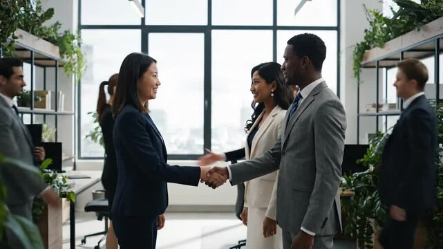 Business handshake with office environment.