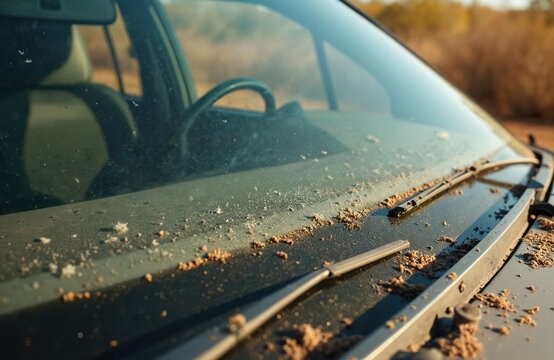 Dirty car windshield with dust mud and dead insects obscures driver vision. Grimy front window needs cleaning after off road journey. Outdoor shot of vehicle front.