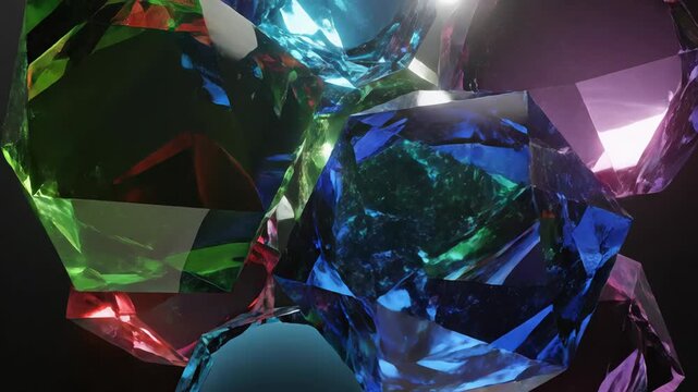 cluster of multi colored gemstones that are faceted and reflective. The gemstones range in color including red, green, blue, and purple with a dark gray background.

