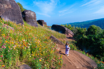 Woman enjoys colorful flower field on sunny day with large rock formations and paper like path in nature Ban Rong Kla Thailand