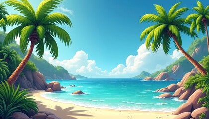 Naklejka premium Sunny island paradise with palm trees and blue ocean waves. Rocky shores meet sandy beach, clear sky with clouds, calm water, tranquil getaway.