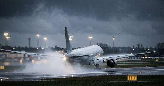 Airplane landing on wet runway at dusk