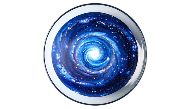 A swirling galaxy rendering within a silver-rimmed circular frame against a dark backdrop