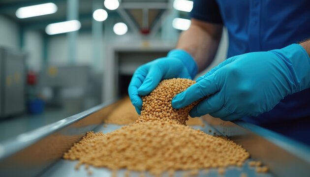 Factory worker in blue gloves holds animal feed pellets. Quality check of food production in modern plant. Process control for pet food manufacturing on conveyor belt.