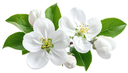 Naklejka premium Close-up of delicate white blossoms with yellow centers, buds, and green leaves