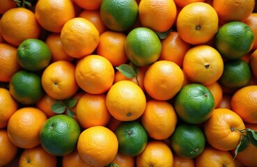 Pile of ripe oranges and limes. Citrus fruits have rough texture and bright color. Healthy natural food assortment. Juicy harvest collection. Vitamins.