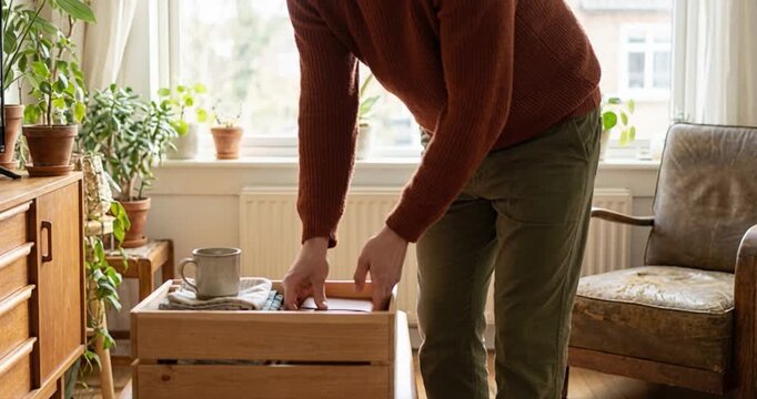 Person arranging items on a wooden crate indoors near a window
