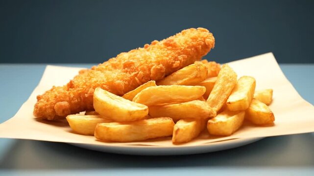 Appetizing British style fish and chips with golden fries and crispy seafood coating.