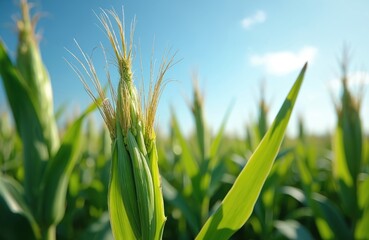 Obraz premium Close-up of young corn ear with silk emerging from green husk. Rich cornfield under blue sky. Focus on healthy plant growth, agriculture, and pollination.