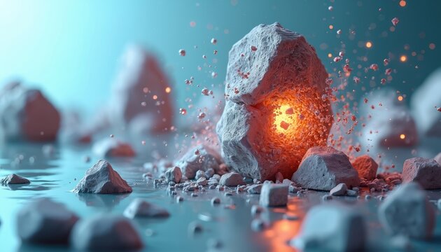 Close view of shattered kidney stone with glowing core. Medical graphic shows internal organ stone breakdown. Particles scatter, representing treatment progress.