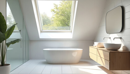 Fototapeta premium Bright attic bathroom with big skylight. Minimalist white tub sink vanity wood. Bathtub, double sink counter, plant near glass shower. Contemporary clean interior design.