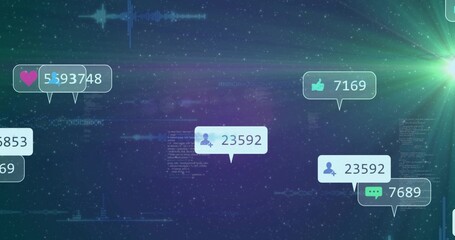 Obraz premium Floating notification bubbles pulsing over nebula gradient, showing counters, waveform, green flare