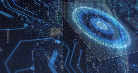 Glowing holographic circular data disc pulsing and rotating in 3D UI, with hex mesh panels