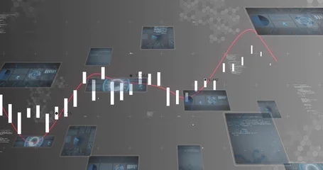 Fotobehang Vlees Displaying white candlestick bars tracing red smoothed trend line on dark grid, HUD panels, labels  © vectorfusionart