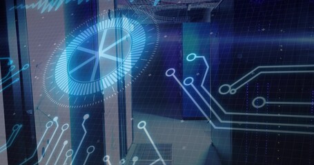 Projecting holographic cyan circular HUD overlay over data center aisle, showing server racks