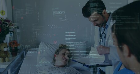 Smiling patient lying in hospital bed in gown, white-coated doctor writing on chart, data overlay