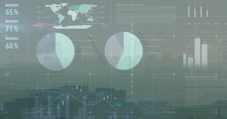 Displaying centered data overlay over hazy skyline, showing two pie charts, map, stacked 45 or 71 or
