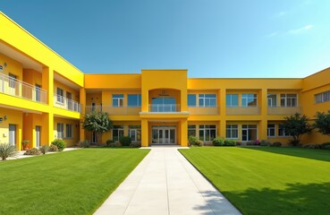 Obraz premium Modern yellow school building exterior with green grass courtyard and bright blue sky. Features clean architectural lines, large windows, and balconies, ideal for educational themes and campus life.