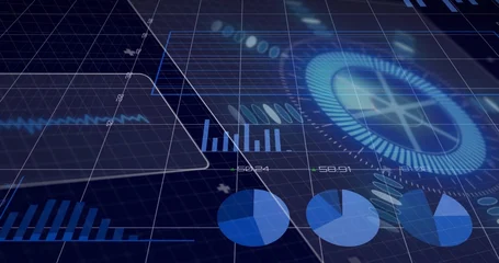 Fotobehang Buffet Displaying data dashboard showing panels on navy grid with bar charts, pie charts, radial gauge  © vectorfusionart