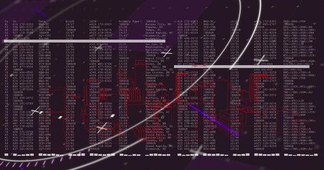 Displaying central HUD showing mono font text, ERROR labels, red wireframe skyline, light trails