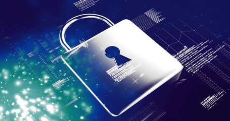 Shining metallic padlock showing keyhole, dominating digital network, displaying code, teal bokeh