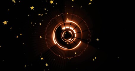 Obraz premium Glowing circular graphic emitting radial beams over black space, with concentric rings and stars