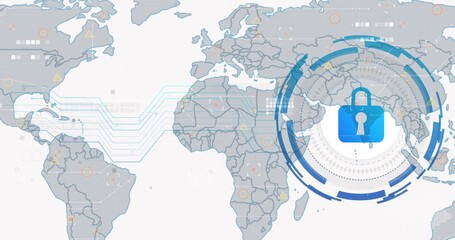 Obraz premium Displaying blue padlock icon locking circular HUD over world map, with circuit lines, copy space