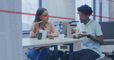 Sharing lunch, staff pink-top blue-polo at office, with chopsticks and sandwich, red-line overlay © vectorfusionart