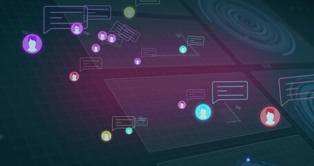 Floating colored user avatars and speech bubbles creating network on dark teal grid, glowing nodes