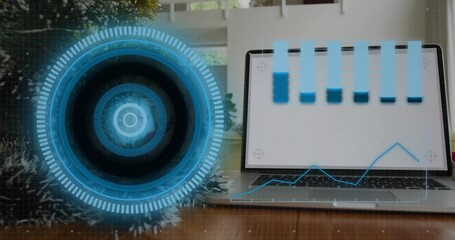 Displaying open silver laptop with blue vertical tabs and line graph on wooden desk, HUD overlay