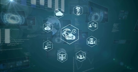 Floating central hexagon showing globe-cloud syncing on digital dashboard, with hex icons and code