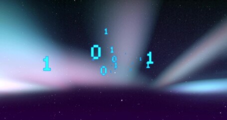 Floating pixelated cyan binary numerals drifting above purple horizon, with aurora and starfield
