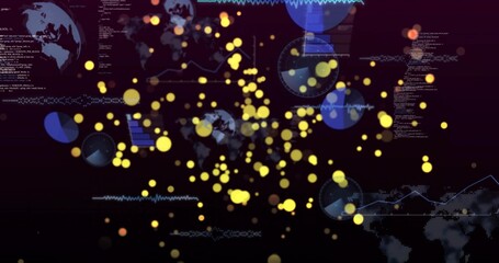 Pulsing cluster of glowing yellow dots radiating across HUD, with blue charts and code