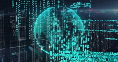 Fototapeta premium Glowing holographic cyan globe rotating in virtual space, with streaming-code and wireframe-grid