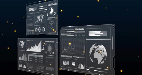 Obraz premium Showing three floating hologram panels in virtual space, displaying dotted globe charts gauges
