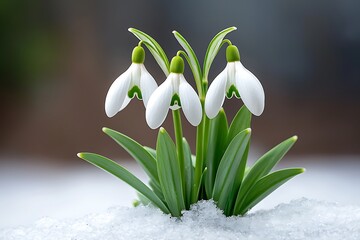 Delicate Snowdrops Emerging through Soft Snow in Early Spring Sunshine Landscape