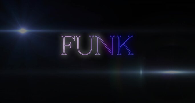 Glowing centered serif word FUNK emitting neon in title card, with starburst, light band, haze