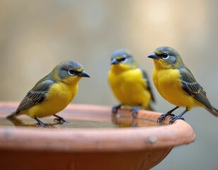 Fototapeta premium Three small yellow and grey birds stand on edge of terracotta bird bath drinking water. Background has soft bokeh blur. Backyard nature scene shows small songbirds taking drink.