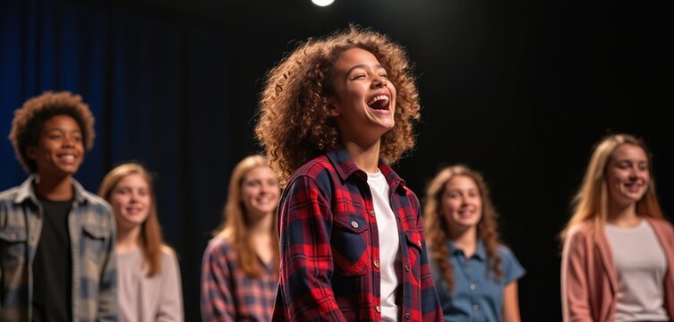 Diverse students perform on stage laughing with joy. Young actors practice improv theater in class. Teenagers participate in creative acting workshop. Youth collaborate on drama project with fun.