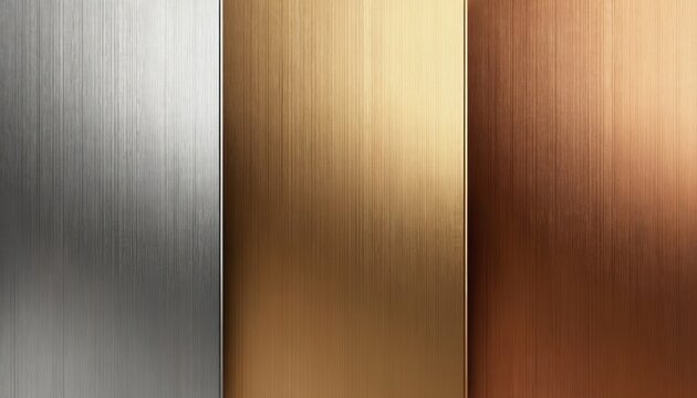 Set of three brushed metal panels silver gold and copper. Sleek metallic textures with fine vertical lines. Luxurious abstract backgrounds for design.