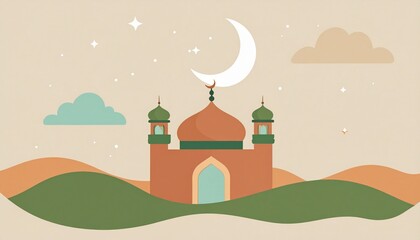 Fototapeta premium Serene mosque under crescent moon with rolling hills and stars