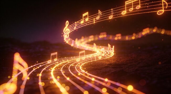 Vintage music geometric glowworm trails as luminous lines, winding path composition on dark soft gra